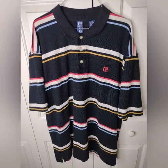 KARL KANI JEANS Polo Shirt Hip Hop Vintage White Black Gold Blue Red Striped 2XL - Picture 2 of 6